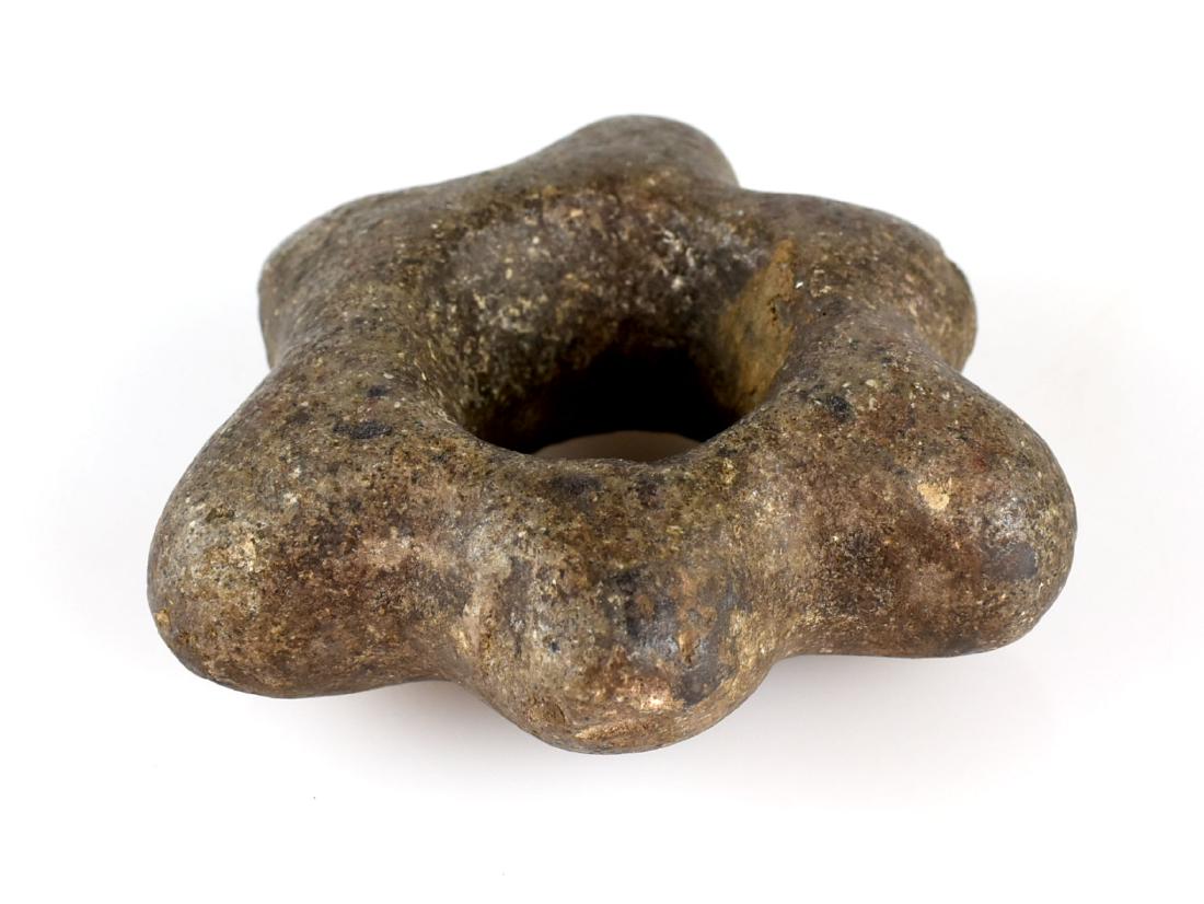 4" Chavin Culture Mace Head: Nice example - highly developed form with 6 nodes made from brown hardstone. Slight damage on one node. 1200-200BC Peru. Grandfathered.