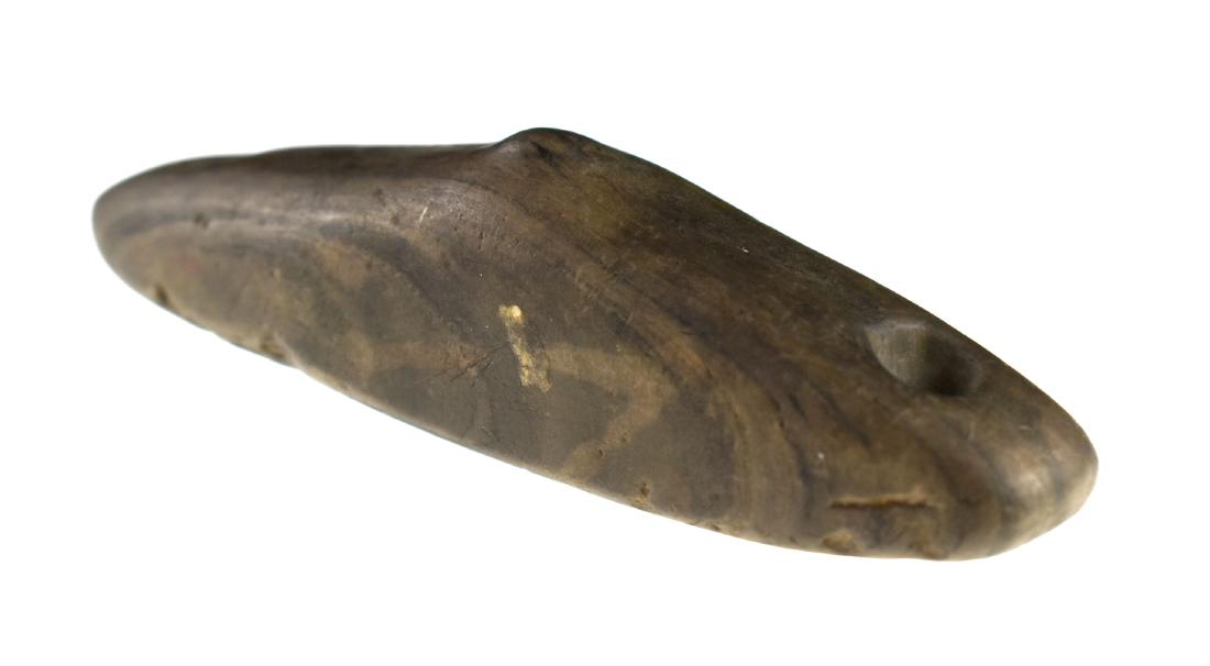 4 3/8" Spineback Gorget - Ex- Townsend Collection - COA: Superb large example of a very rare type with great history. Ex- Earl Townsend and Bill Jackson Collections. Made of green banded slate and polished over its entirety. Found in Louisa Co., Iowa. Jacks