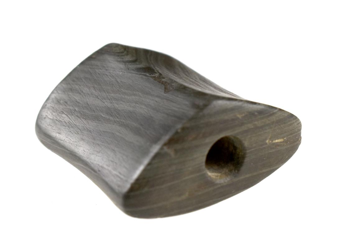 Excellent 2 3/16" Banded Slate Saddleface Bannerstone -: Fine example. Rare saddleface form. Made of beautifully concentric banded dark green and black slate. Polished over its entirety. Ex- Miller Collection. Found in Union Co., Indiana.