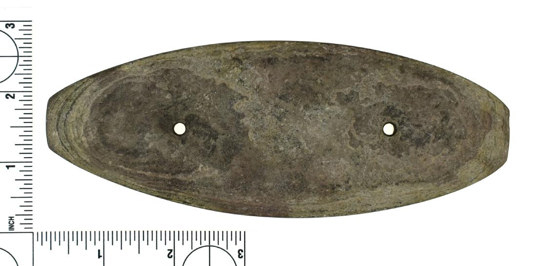 6 9/16" Adena Elliptical Gorget: LARGE, banded slate example found prior to 1950 from Darke Co., Ohio and formerly of the Frank Adell Collection. Excellent uncleaned example!