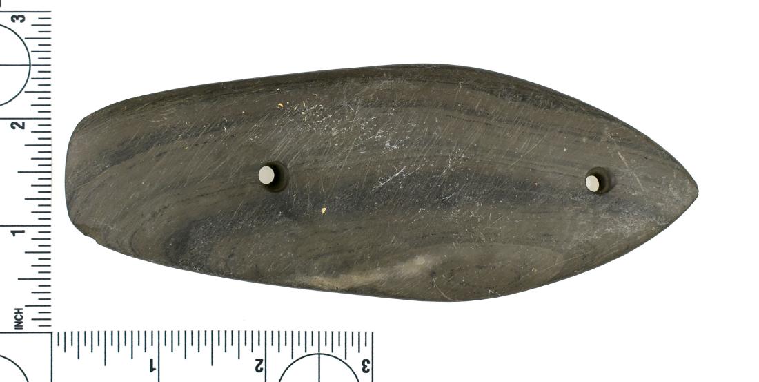 5 7/8" Glacial Kame Coffin Gorget: Classic near-perfect banded slate example found prior to 1950 from Darke Co., Ohio and formerly of the Frank Adell Collection. Excellent uncleaned example!