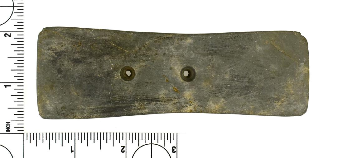 5 5/16" Hopewell Rectangular Gorget: Perfect banded slate example found prior to 1950 from Darke Co., Ohio and formerly of the Frank Adell Collection. Excellent uncleaned example!