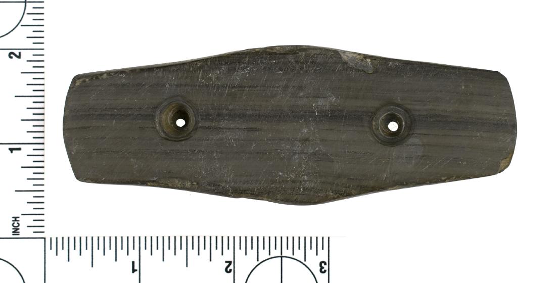 4 5/8" Adena Expanded Center Gorget: Very nice banded slate example from Darke Co., Ohio and formerly of the Frank Adell Collection and found prior to 1950. Excellent uncleaned example