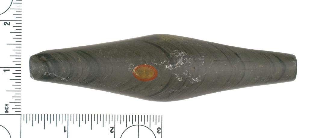 5 5/8" Undrilled Adena Expanded Center Gorget: Near-Perfect banded slate example found prior to 1950 from Darke Co., Ohio and formerly of the Frank Adell Collection. Excellent uncleaned example!