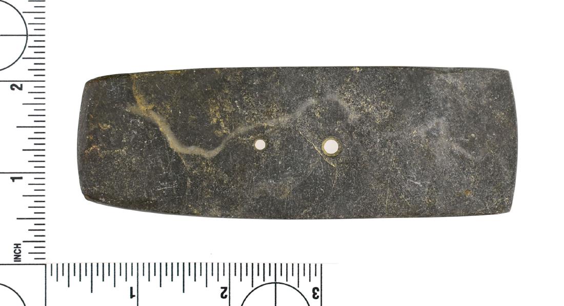 4 13/16" Hopewell Rectangular Gorget: Nice slate example found prior to 1950 from Darke Co., Ohio and formerly of the Frank Adell Collection. Excellent uncleaned example!