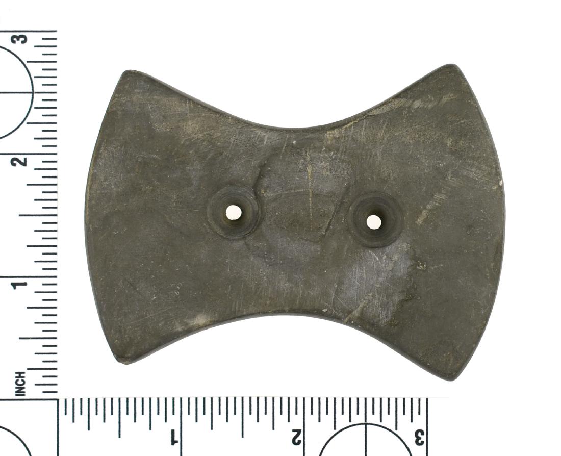 3 3/8" Adena BiConcave Gorget: Perfect banded slate example found prior to 1950 from Darke Co., Ohio and formerly of the Frank Adell Collection. Excellent uncleaned example!