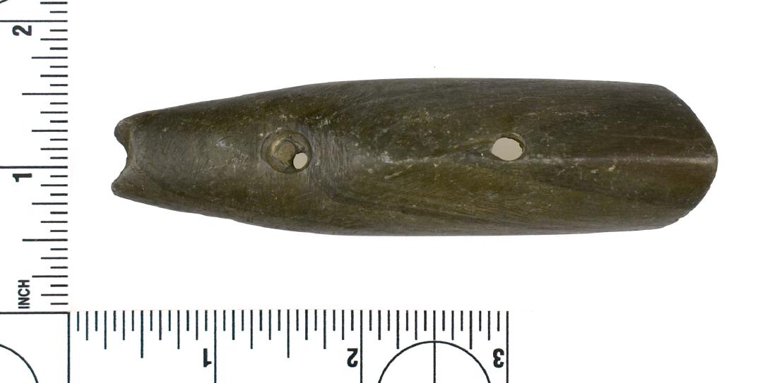 4" Spineback/Ridgeback Gorget: Unusual form with pronounced ridge. Perhaps a salvaged bar amulet. Found prior to 1950 from Darke Co., Ohio and formerly of the Frank Adell Collection. Excellent uncleaned example!