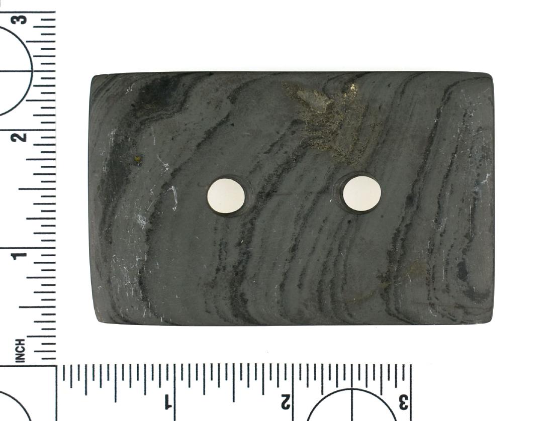3 3/8" Adena Rectangular Gorget: Perfect banded slate example found prior to 1950 from Darke Co., Ohio and formerly of the Frank Adell Collection. Excellent uncleaned example!