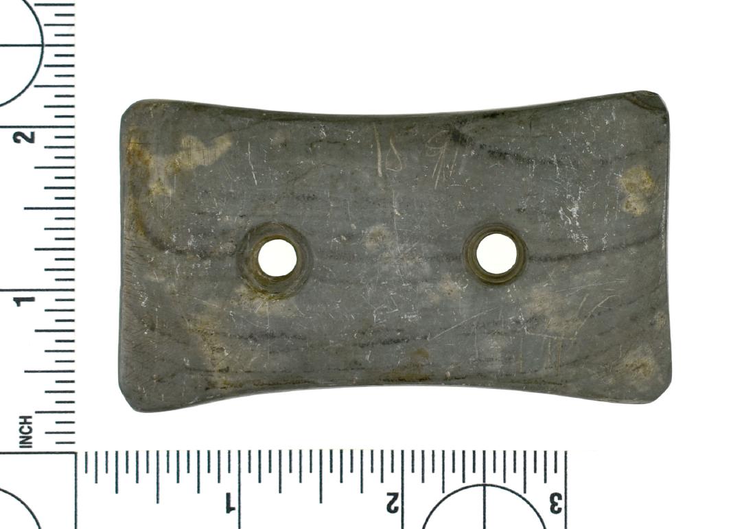 3 1/4" Adena Quadriconcave Gorget ENGRAVED: Engraved with two years, 1891, and 1918. The side engraved 1918 also has an illegible name engraved above the year. Nice banded slate example formerly of the Frank Adell Collection. Excellent uncleane