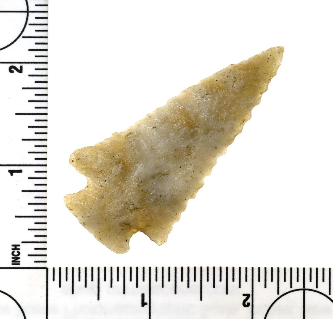 Awesome 2 5/8" Unfractured Base Decatur - Jackson G-10: Made of shimmering highly translucent champagne colored Tallahatta Quartzite. Perfect symmetry and construction with lethal serrations along both blade edges. Found in North Central Alabama from an ol
