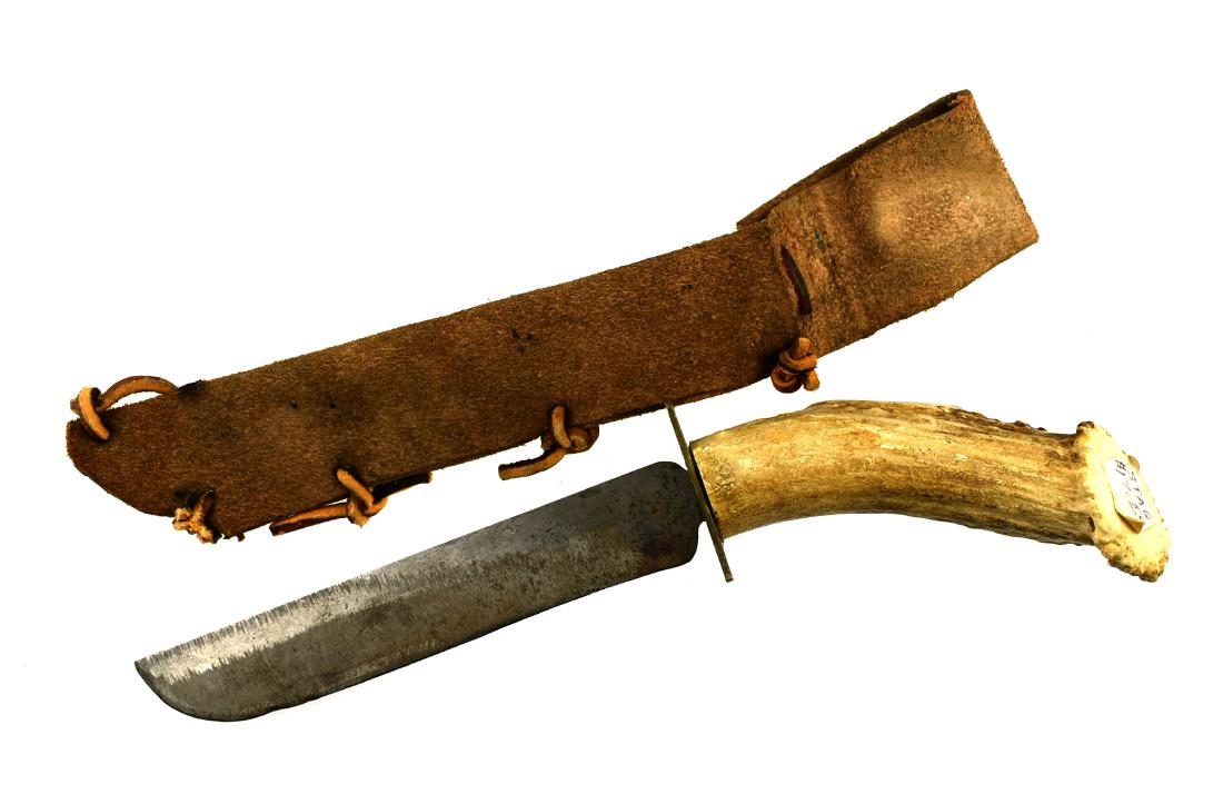 10" OAL Stag Handled Knife: Homemade knife with Antler handle and leather sheath.