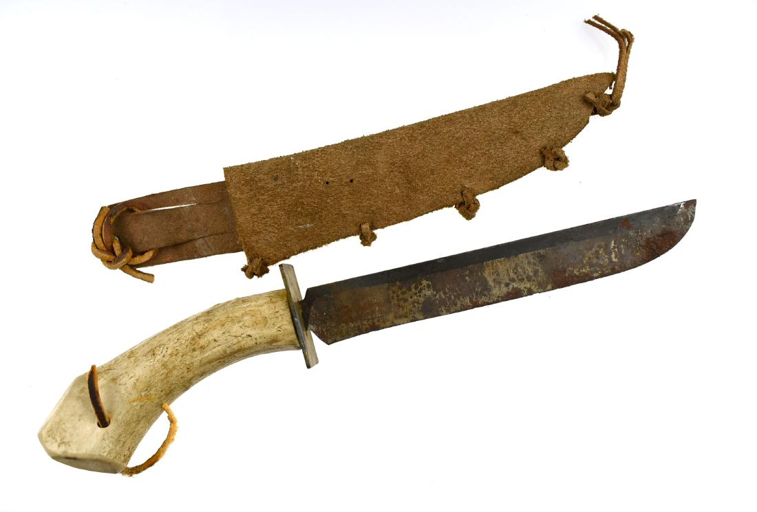 11" OAL Stag Handled Knife: Handmade knife with a leather sheath and Antler Handle.