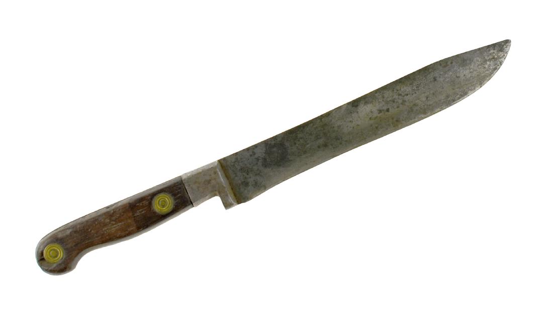 12" Vintage Butcher Knife: Unmarked early blade with wood handles. Blade length 7.5"