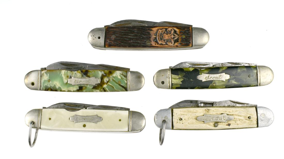 5 Vintage Imperial Scout Knives: Various Scale materials including bone, antler, resin. Nice vintage lot.
