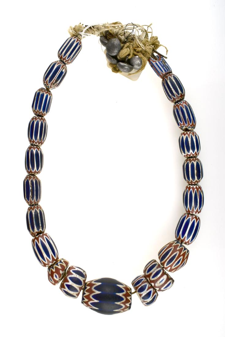 23.5" Blue Chevron Beads with Jackson COA: Pewter buttons as well from a Michigan Collection. Ex Brian Escott Collection.