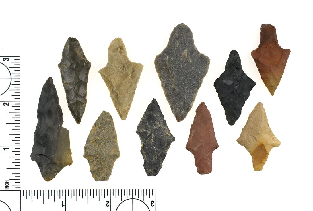 10 Fine Oklahoma Gary Arrowheads: Red, yellow, maroon, black, two-tone tan, quartzite, great mix of materials. Biggest is 2 3/16". All found in Pushmataha Co., Oklahoma.