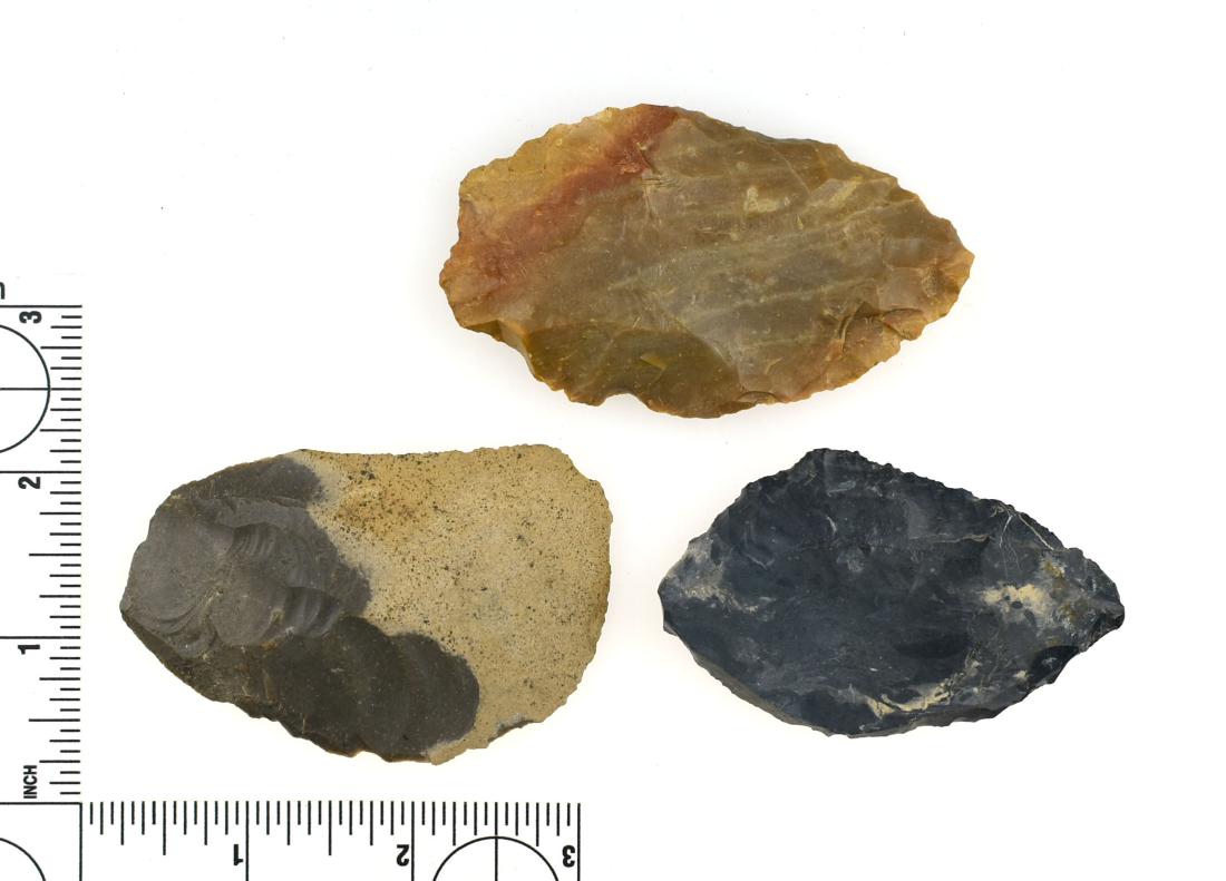 3 Fine Paleo Knives / Scrapers: All three labeled with locations and finders in two instances. Biggest is a 3 1/4" Carter Cave knife from Lewis Co., Kentucky found by John Woody. 3" two-tone Hornstone found by Dick Boehl i