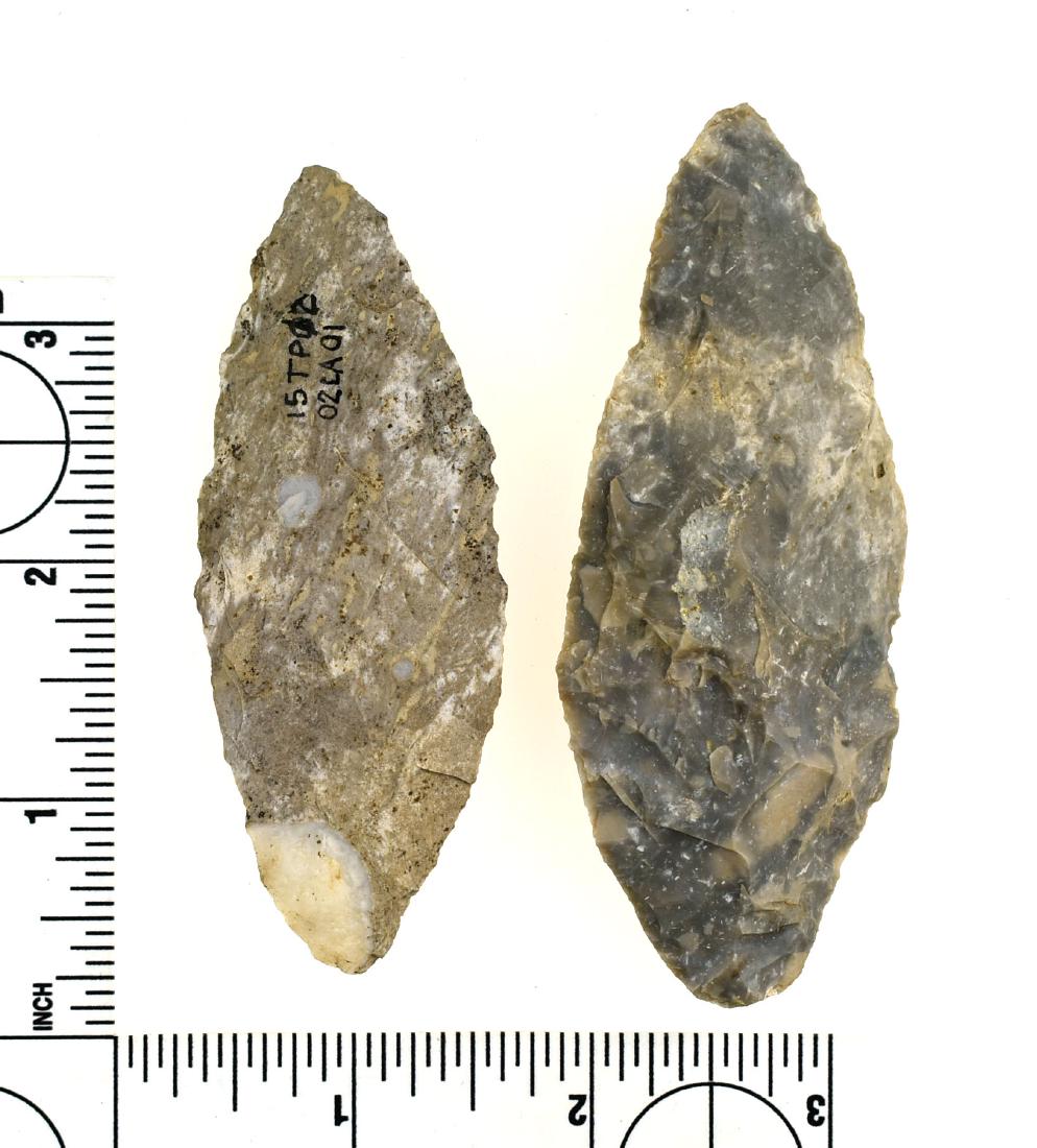 Two Large Adena Arrowheads: Biggest is 3 3/4". Other slightly smaller at 3 3/8". Both from Jefferson Co., (Louisville) Kentucky. One is made of cream and white Boyle Chert and the other is a two-tone comglomerate with 