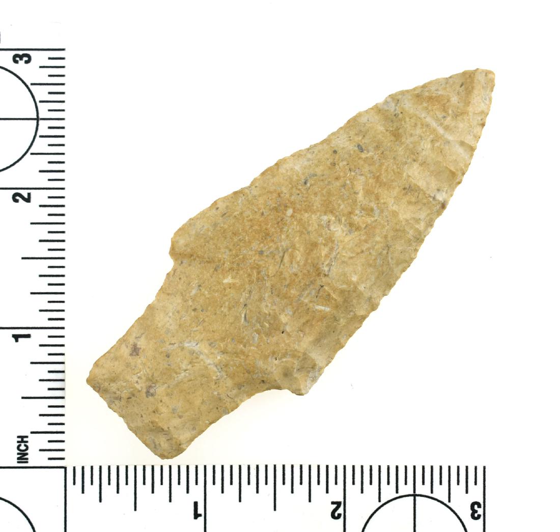 Killer 3 11/16" Alberta - Jackson G-9 COA: Classic Early Archaic stemmed knife. Great form and precise flaking. Made of well patinated glossy Kay County Chert. Nice lightly river polished surfaces. Jackson G-9 COA.