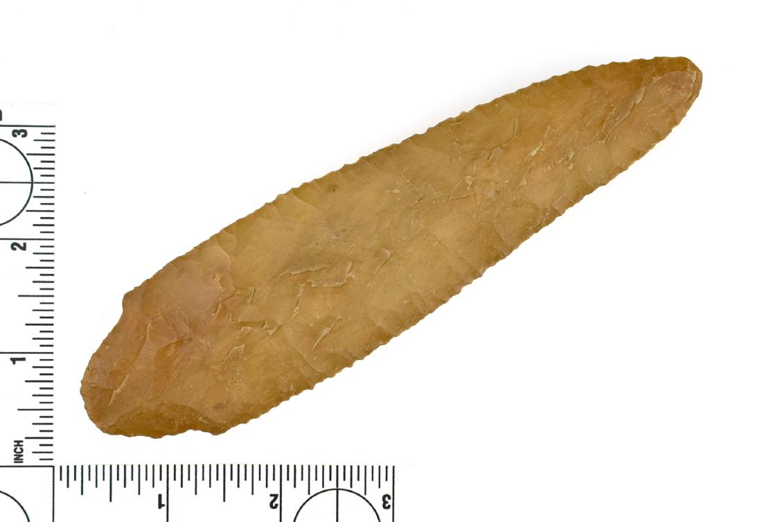 6 1/4" Adena Knife: Nice large creek stained example in camden chert from near Clifton, Tennessee. Ex Carlisle Collection.