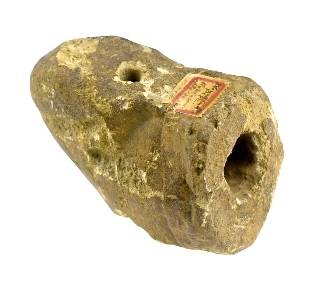 3 5/8" Sandstone Pipe: Early collector tag reads 'MOUND BUILDER PIPE. Robinson. Darke Co., 11-23-11' Ex - Frank Adell collection. Loaded with mineralization.