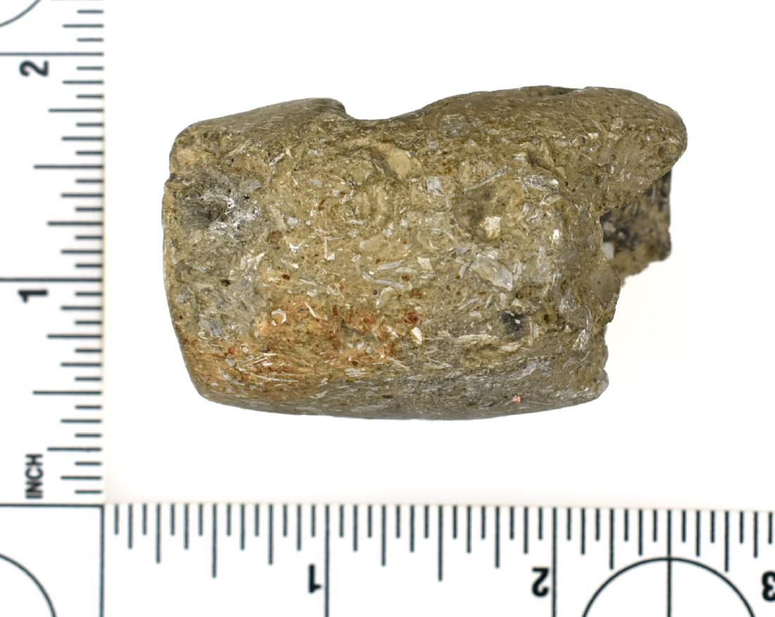 2 1/16" Pottery Pipe: Found 12/11/14 in Darke Co., Ohio. Ex Frank Adell Collection. Early label says 'MOUND BUILDER'S PIPE, BURNT POTTERY, 12-11-14 J.T.' Some rim damage. Shell tempered clay.