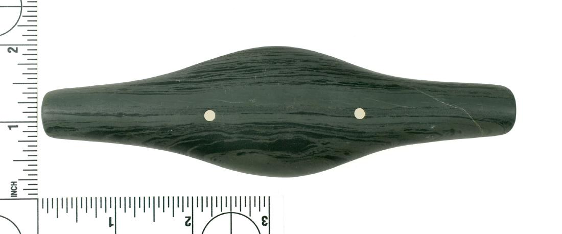 6 1/16" Adena Expanded Center Gorget: Nice green banded slate example from Ohio. Ex Tolliver, Converse Auction 3/2014 Item 264. Pictured in color on catalog cover. Some collector polish/oiling present as with most slate.
