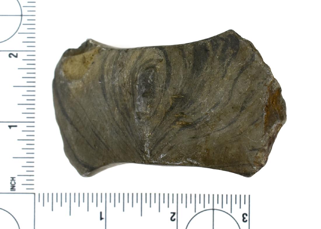 RARE 1-15/16" x 3-3/8" Axe Bannerstone: Rare double bitted 'Axe' form bannerstone found 3/6/1912 by T. Weaver in Shelby Co., Ohio near Anna. Ex Frank Adell Collection.