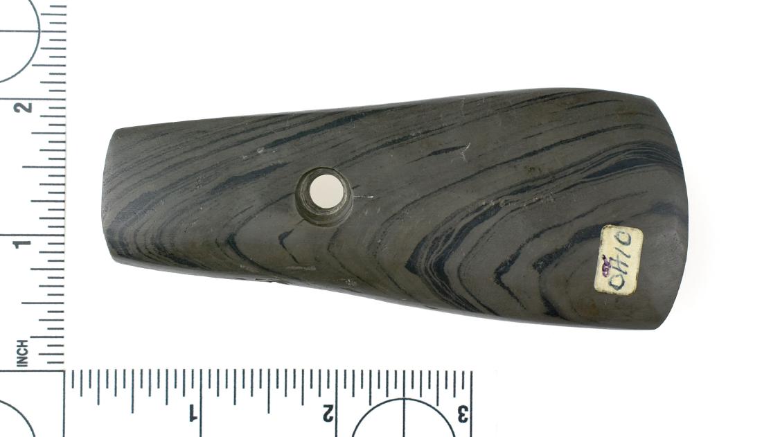 4 1/4" Adena Trapezoidal Pendant. Meuser?: Nice green banded slate example with writing '2 Mi S. of Helena, Sandusky Co.' Ohio example with probably Meuser's Handwriting?