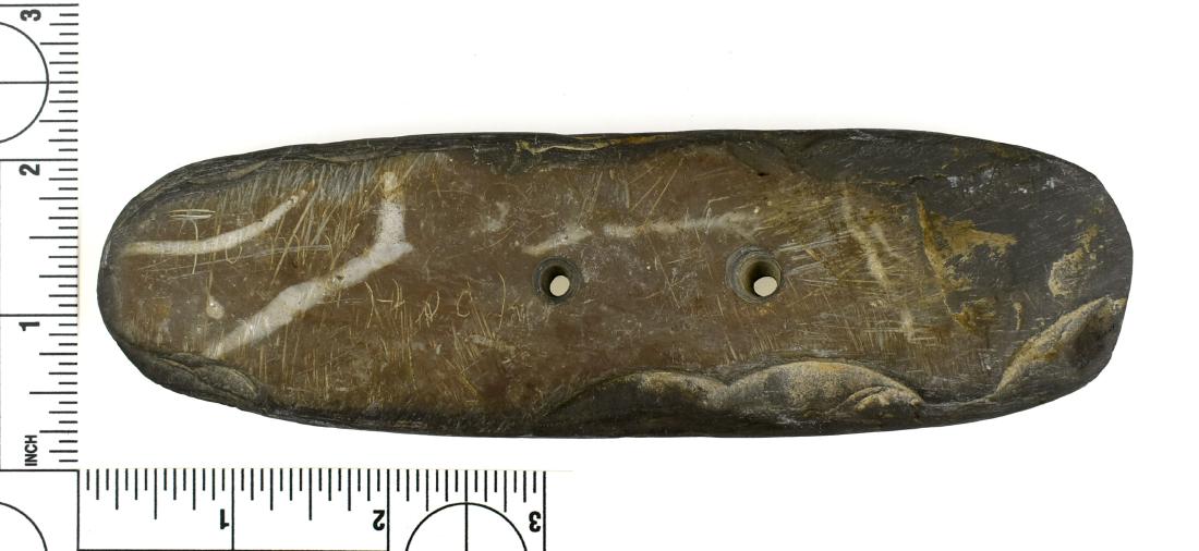 6 1/2" Adena Gorget with engraving: Large example from the Frank Adell Collection and collected in Darke Co., Ohio. Reverse has been engraved by the finder with the words 'Tommy Hock'. Interesting piece.