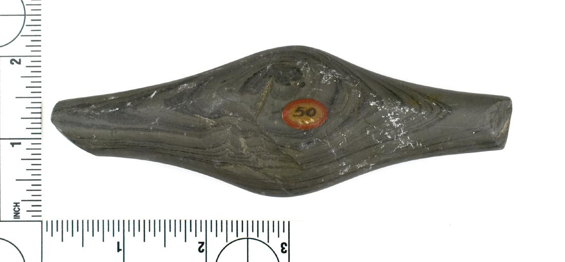 5 7/16" Undrilled Adena Expanded Center Gorget: Nice green banded slate example from Darke Co., Ohio. Ex Frank Adell Collection.