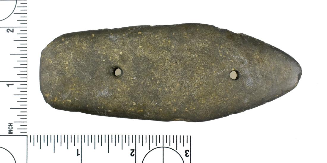 4 11/16" Glacial Kame Coffin Gorget: Excellent example of this rare type. Darke Co., Ohio. Ex Frank Adell Collection.