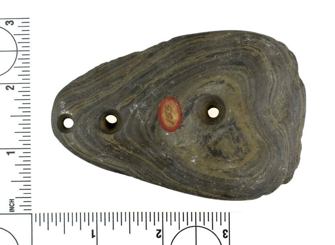 3 13/16" Glacial Kame Ovate Gorget: Very pretty banded slate example from Darke Co., Ohio. Ex Frank Adell Collection