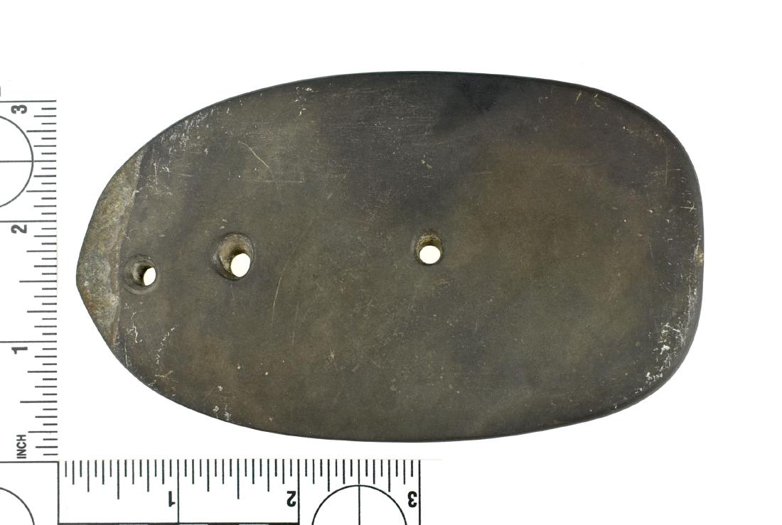 5 1/8" Glacial Kame Ovate Gorget: Classic form of this banded slate example from Darke Co., Ohio. Ex Frank Adell Collection.