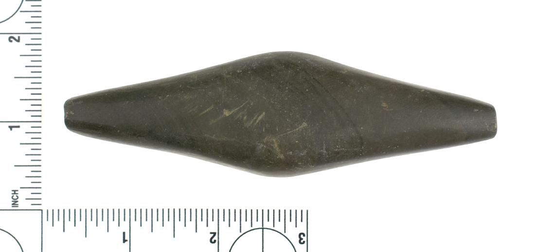 4 3/4" Adena Expanded Center Gorget: Nicely made example found prior to 1950 in Darke Co., Ohio. Ex Frank Adell Collection. Partially drilled, about 50%.