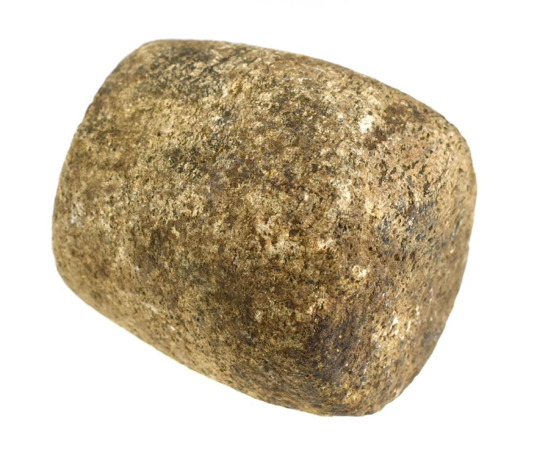 3 1/2" Ft. Ancient Barrel Discoidal: Rare Gneiss discoidal type recovered at Fort Ancient, Ohio in the first half of the 20th century. Ex Frank Adell Collection.