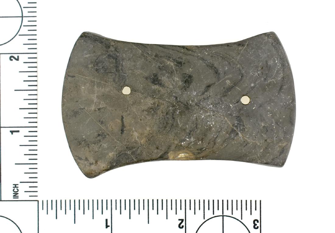 3 1/16" Adena BiConcave Gorget: Nice example in green banded slate from Darke Co., Ohio. Ex Frank Adell Collection.