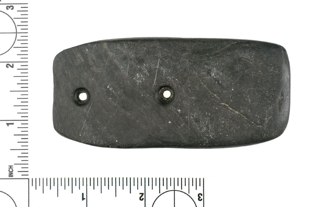 4" Glacial Kame Gorget: Nice example in dark colored slate from Darke Co., Ohio. Ex Frank Adell Collection.