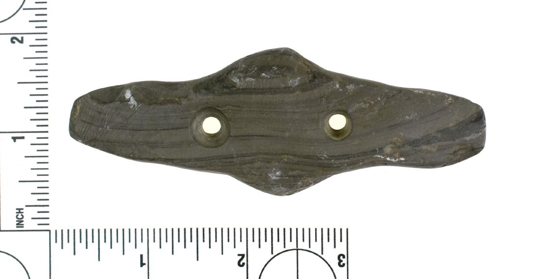 4 1/8" Adena Expanded Center Gorget: Flat example of this type. Green banded Slate. Ex Frank Adell Collection. Darke Co., Ohio.