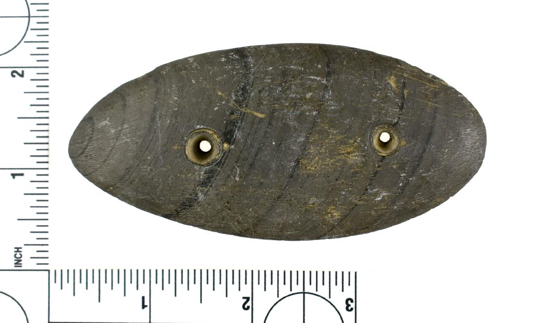 4" Hopewell Gorget: Nice banded slate example found at or near Fort Ancient in Adams Co., Ohio. Ex Frank Adell Collection.