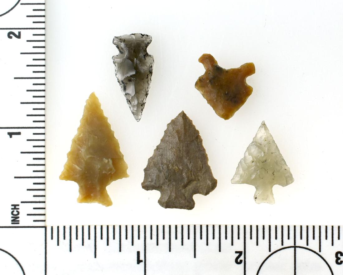 Fine Mini-Collection of 5 Birdpoints: Longest is a 1 1/8" translucent stemmed Edwards Plateau example from Central Texas. Widest is 1" long from East Texas and is made of Petrifed Wood. The mini-Oxbow is from Wyoming and is made