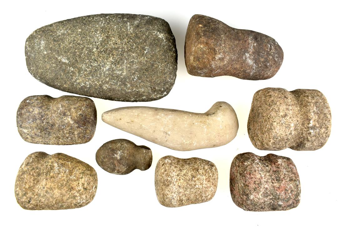 Lot of 9 Hardstone Artifacts: Grooved Mauls/Hammers/War Clubs, a large Celt Preform, and an unknown worked piece. Darke Co., Ohio. Ex Frank Adell Collection.