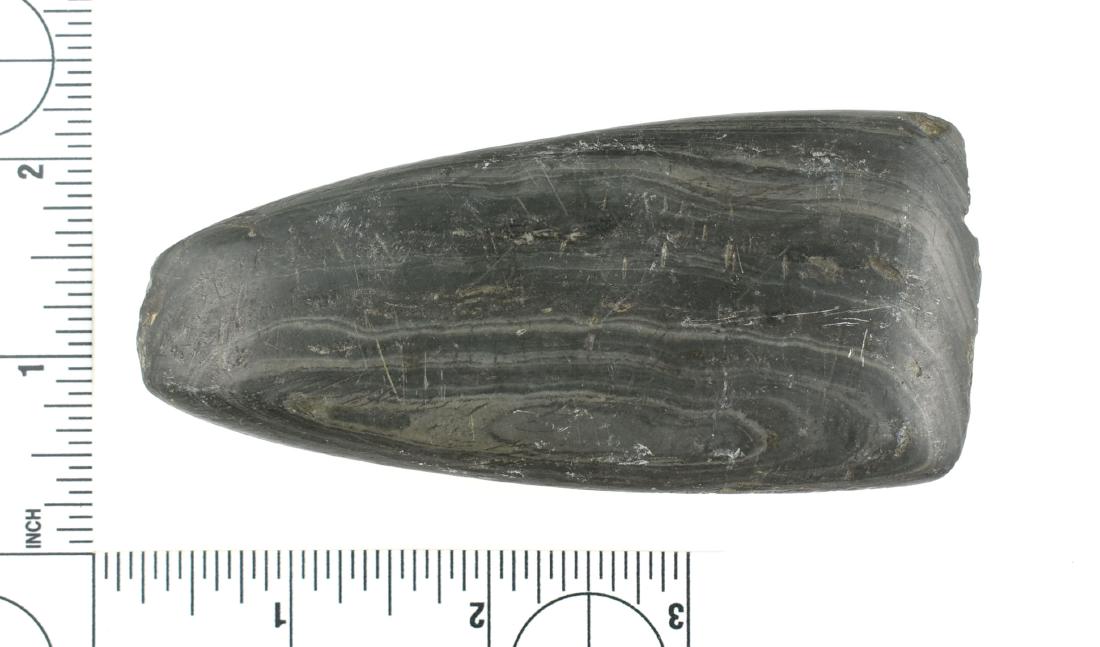4 1/8" Fort Ancient Slate Celt: Banded Slate celt found at Fort Ancient, Ohio prior to 1950. Ex Frank Adell Collection