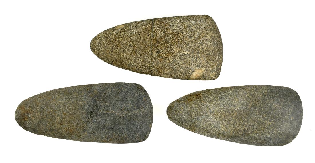 3 Nice Celts: All in the 4.75" range. In Granite and diorite. Marked Fort Ancient Ohio.