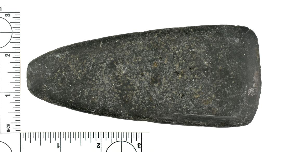 5 5/8" Slate Celt: Nice example marked Fort Ancient, Adams Co., Ohio. Ex Frank Adell Collection. Very thin at 7/16" thick.