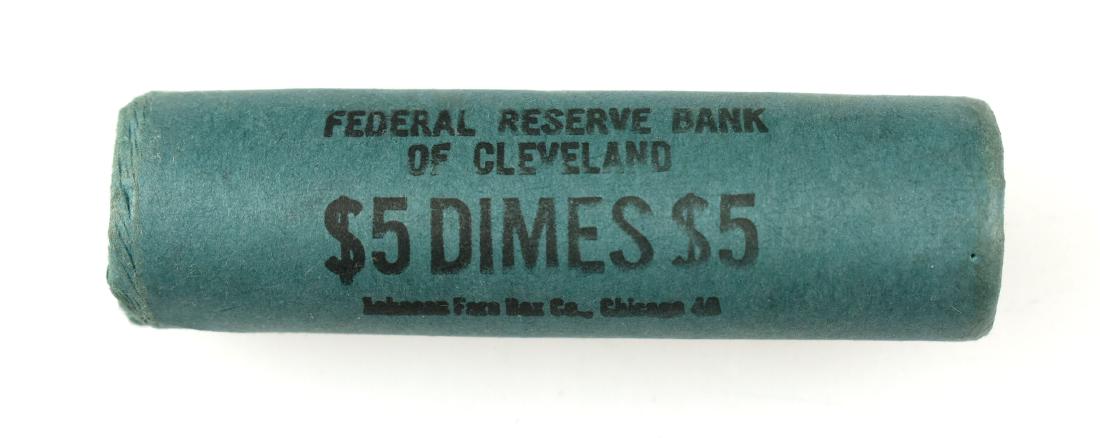 Unopened roll of 50 1964 Roosevelt Dimes: Federal Reserve Bank of Cleveland. 50 Dimes. Many are likely BU or better. Silver