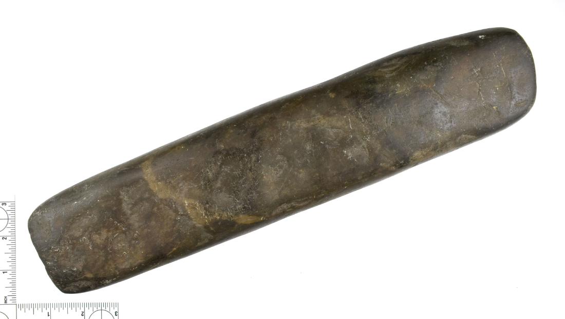 14 3/8" Roller Pestle: Large example in brown hardstone from Darke Co., Ohio. Ex Frank Adell Collection.