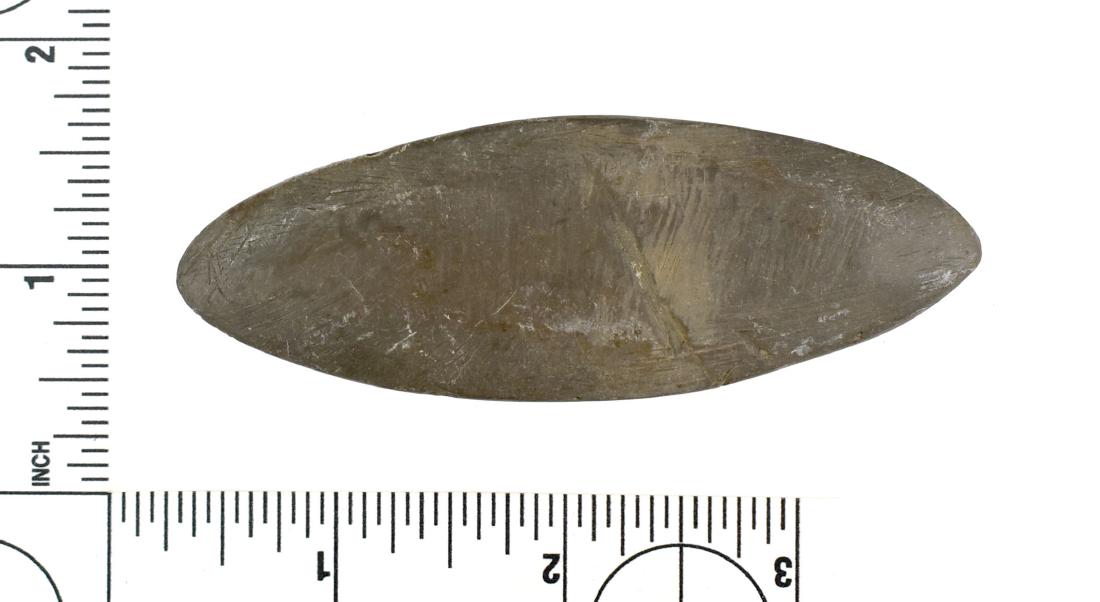 3 1/2" Undrilled Gorget: Nice slate example from Darke Co., Ohio. Ex Frank Adell Collection.