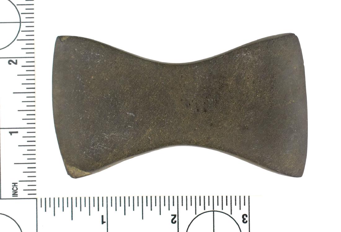 3 1/2" Adena Undrilled BiConcave Gorget: Nice brown slate example from Darke Co., Ohio. Ex Frank Adell Collection.