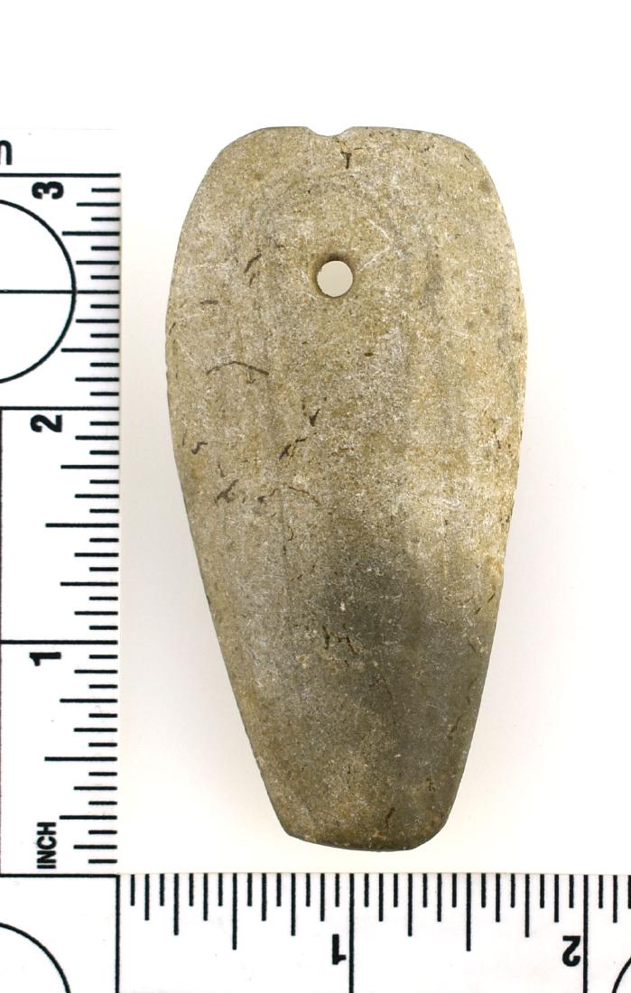 Excellent Salvaged 3" Expanded Center Gorget Pendant: Made of hardstone, polished over its entirety, and well mineralized with cave deposits. Remnant top center of earlier second hole, then shaped to make pendant. Clearly treasured by its maker. Found in